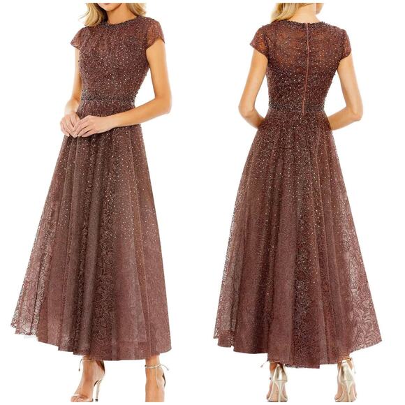 Mac Duggal NWT Brown Embellished Cap Sleeve A Line Dress 10 High Neck Jewels